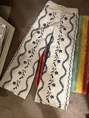 DRIFTWOOD White Wide-Leg Pants with Blue Floral Embroidery